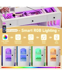 Streamdale Furniture Led Vanity Desk with Mirror, Rgb Lights, Storage, and Stool