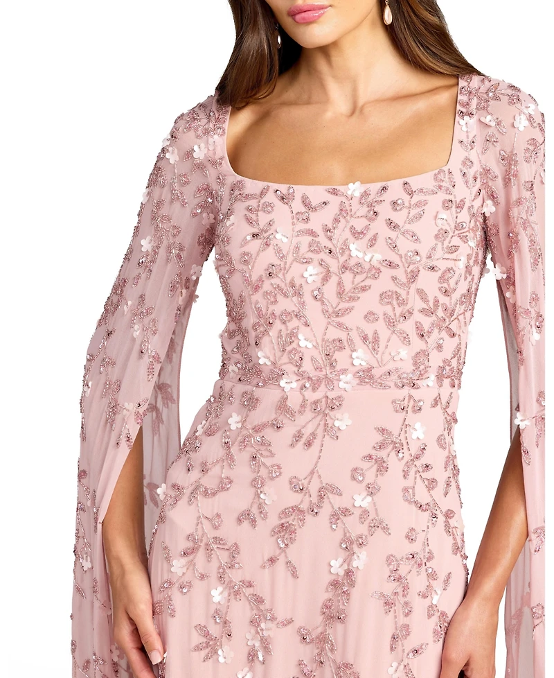 Mac Duggal Petite Embellished Cape Sleeve A-Line Mesh Maxi Gown