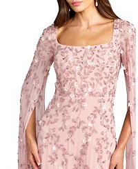 Mac Duggal Petite Embellished Cape Sleeve A-Line Mesh Maxi Gown