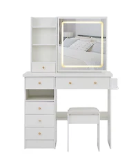 Streamdale Furniture 37 inches Vanity Stool, 2AC/2USB, Led Mirror, Dryer Stand
