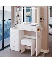 Streamdale Furniture 37 inches Vanity Table Stool, Led Mirror, 2AC, 2USB, Hair Dryer Stand