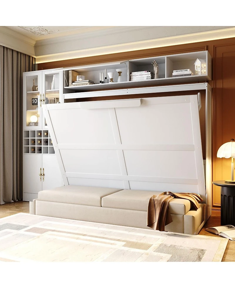 Streamdale Furniture Queen Murphy Bed with Sofa, Shelves, Usb and Light