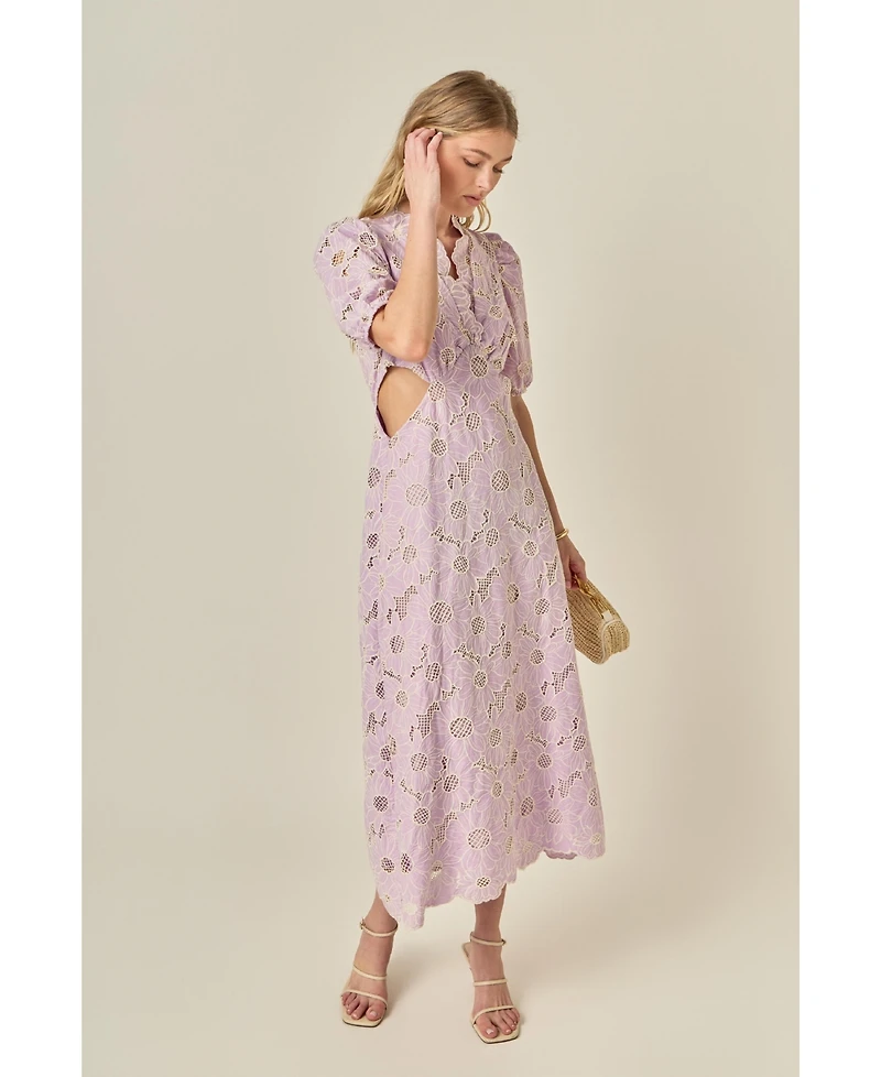 English Factory Women's Floral Eyelet Lace Cut Out Scalloped Midi Dress