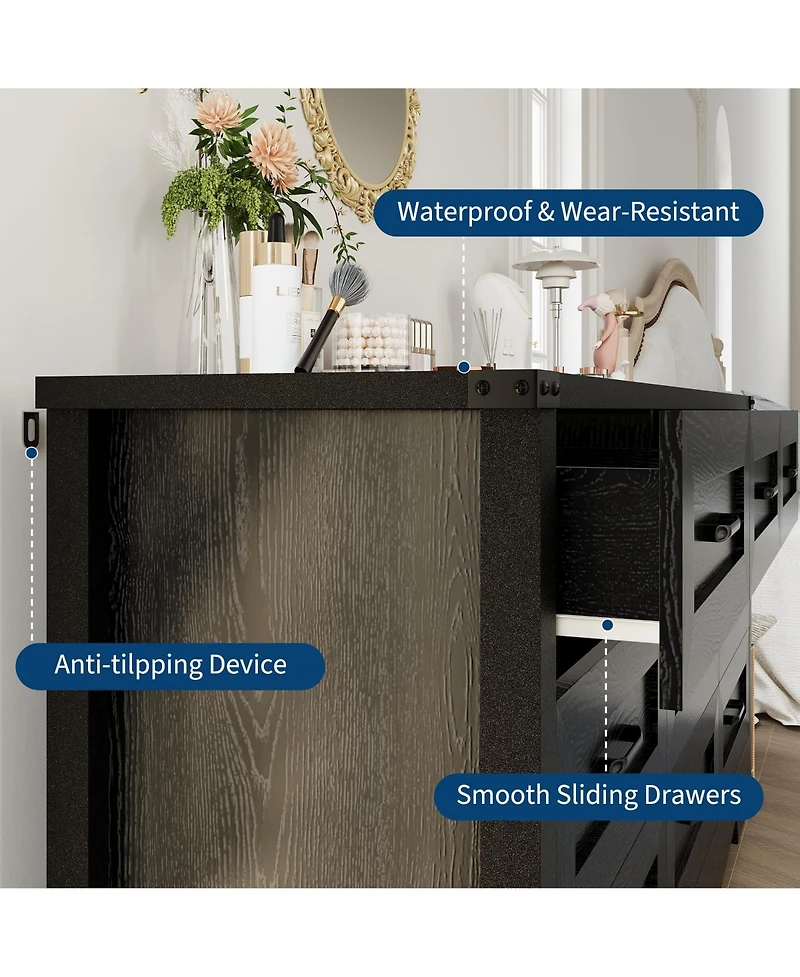homfan 9-Drawer 59-Inch Wide Wooden Long Dresser with Handles for Bedroom or Living Room