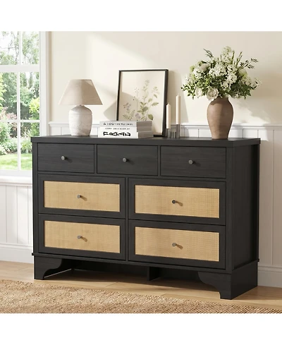 homfan Bohemian Natural Rattan Dresser with Multiple Storage Drawers and Anti-Tip Design - Versatile Chest for Bedroom, Living Room Entryway