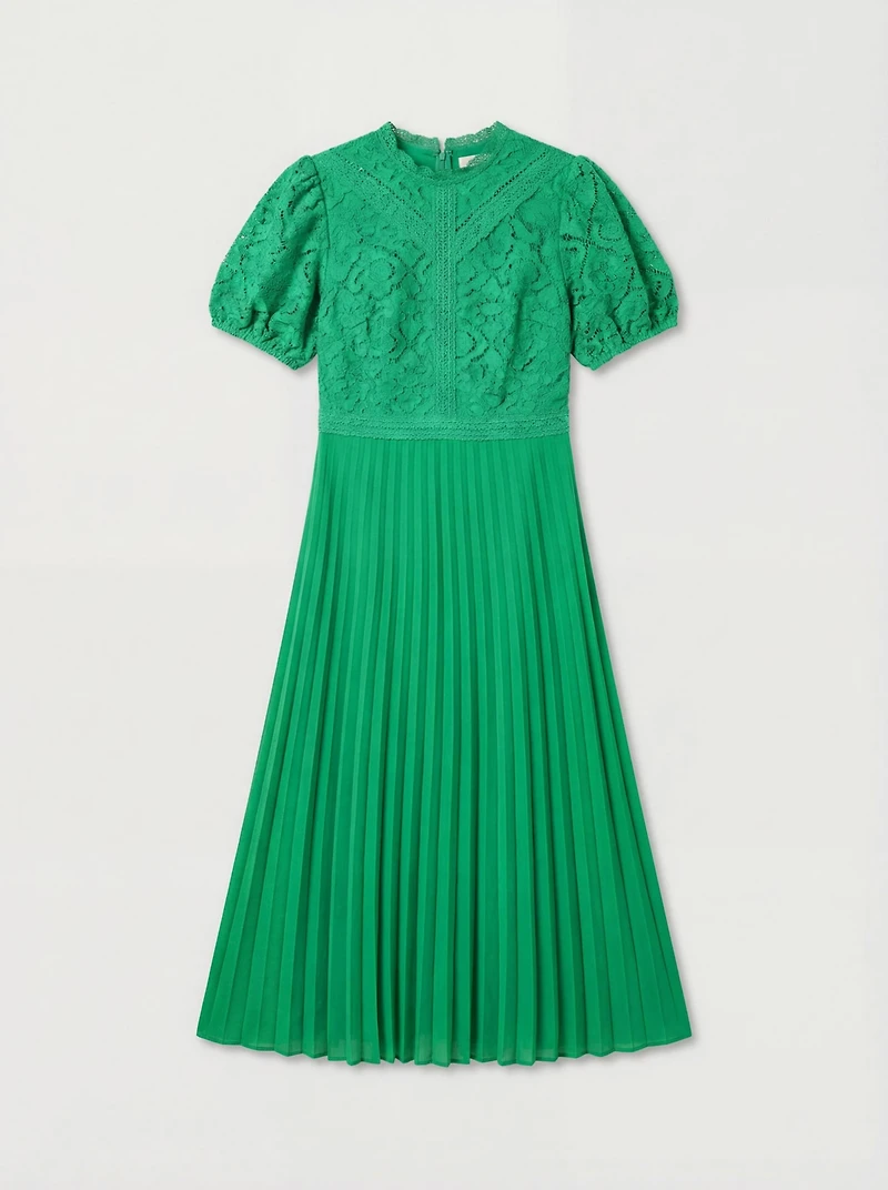 Oasis Women's Lace Puff Sleeve Pleated Midi Dress