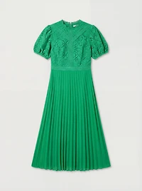 Oasis Women's Lace Puff Sleeve Pleated Midi Dress