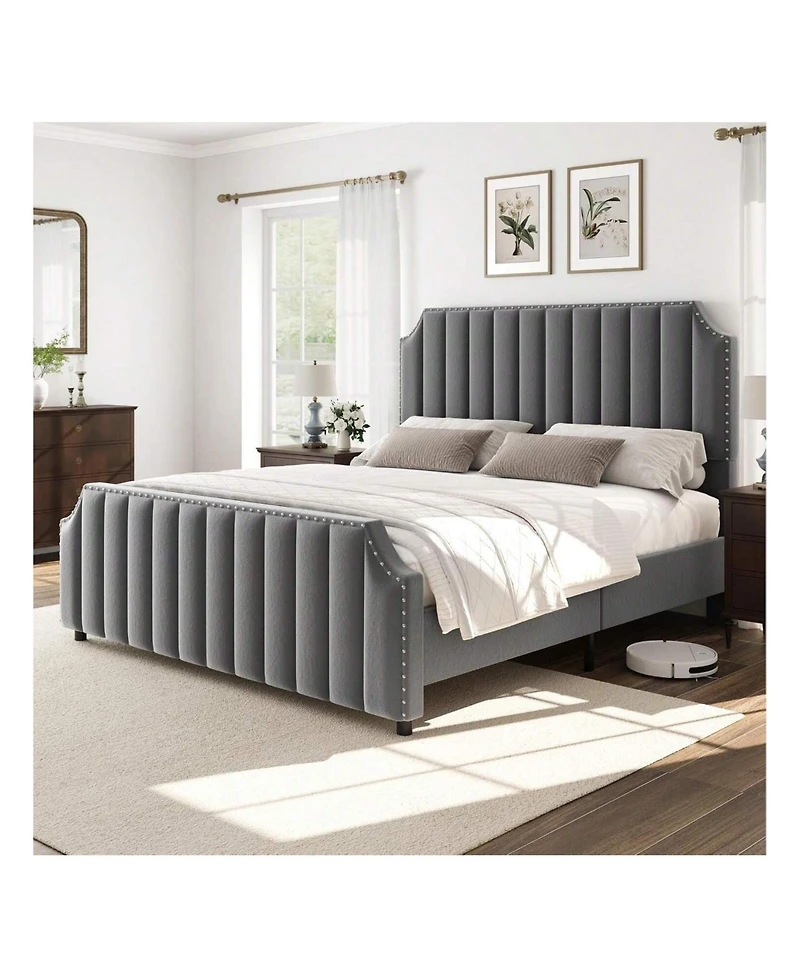 gaomon Queen Platform Bed Frame, Velvet Upholstered, 50.2" Vertical Channel Tufted Headboard & Footboard