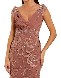 Mac Duggal Petite Floral Beaded Chiffon V-Neck Evening Gown