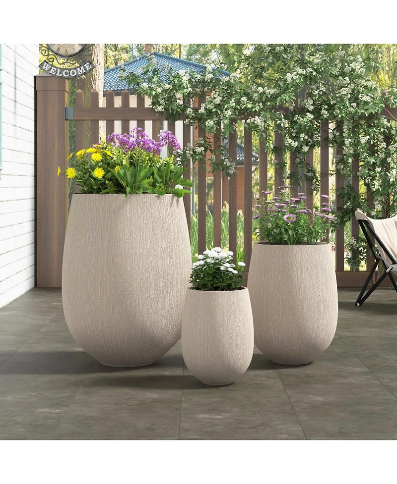 Asagikoiai Egg-Shaped Mgo Outdoor Planter Set of 3, Stone-Look Design