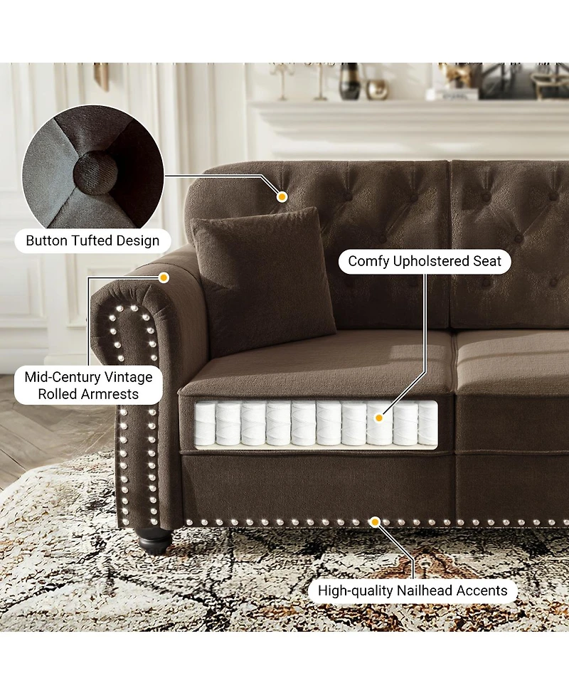 Streamdale Furniture Velvet Chesterfield Sofa Nailhead Trim and Rolled Arms