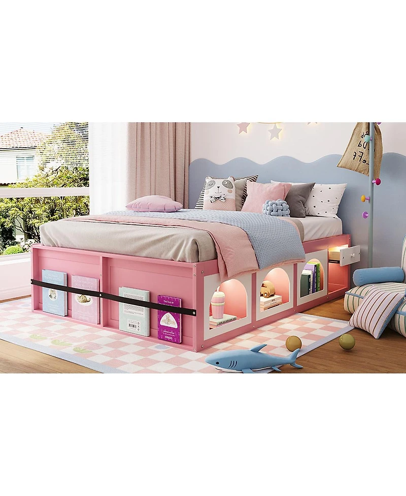 Streamdale Furniture Platform Bed w/ Bookshelf, Led