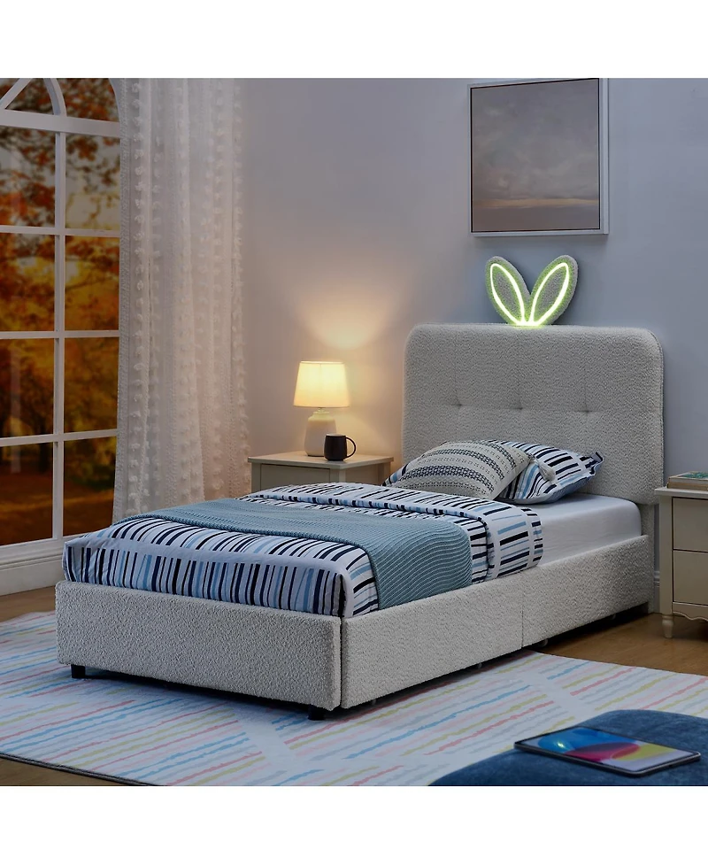 Streamdale Furniture Rabbit Ear Upholstered Bed Led and 4 Drawers