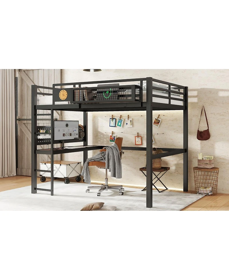 Streamdale Furniture Metal Loft Bed with Desk, Storage, Clock, and Charging Port