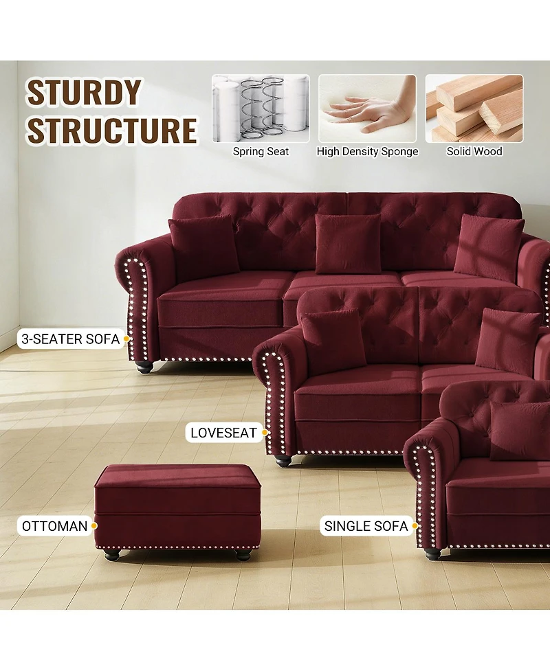 Streamdale Furniture Burgundy Velvet Chesterfield Sofa with Nailhead Trim