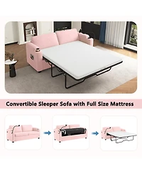 Streamdale Furniture Corduroy Sleeper Sofa with Mattress, Usb, Cup Holders and Pockets