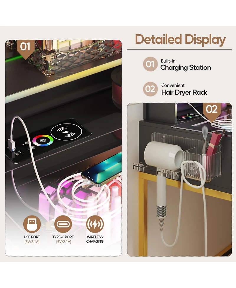 Vlsrka Led Vanity Desk Set with Rgb Mirror, Remote & Charging Station