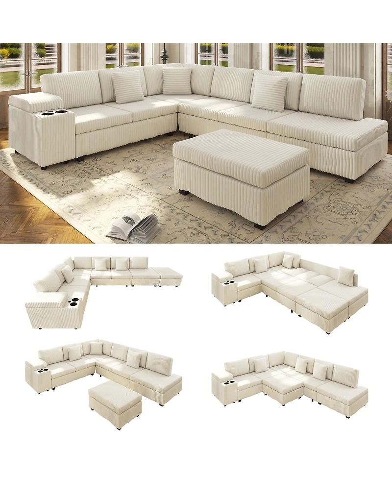 Streamdale Furniture L Shaped Sectional with Ottoman Usb Storage Corduroy