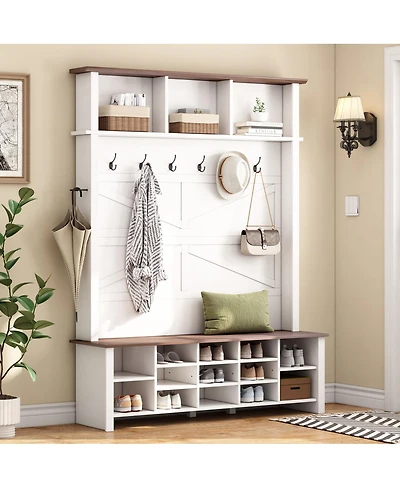 Streamdale Furniture Farmhouse 4-in-1 Hall Tree with 6 Hooks and 16 Shoe Compartments