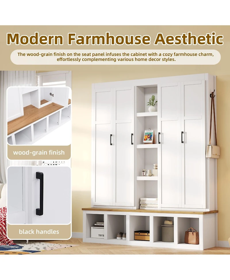 Streamdale Furniture Farmhouse 4-in-1 Hall Tree with Hooks and Bench