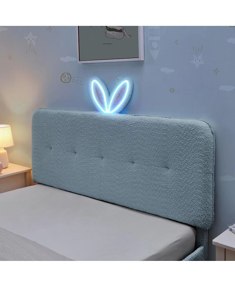 Streamdale Furniture Kids Upholstered Bed With Rabbit Headboard, Led and Drawers