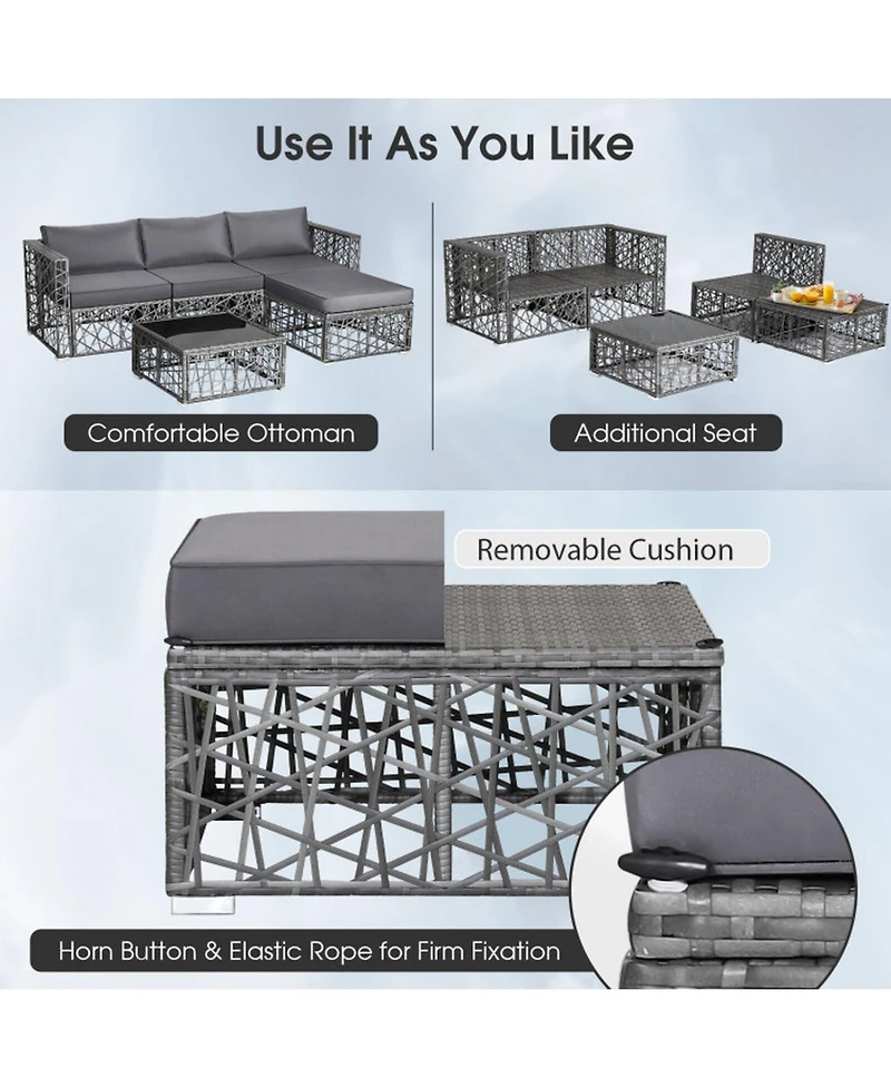 Gouun 5 Piece Outdoor Pe Wicker Sectional Conversation Set with Glass Coffee Table and Ottoman