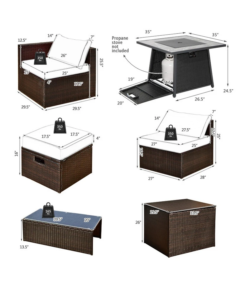 Gouun 9 Piece Outdoor Pe Wicker Sectional Conversation Set with 50000 Btu Propane Fire Pit Table