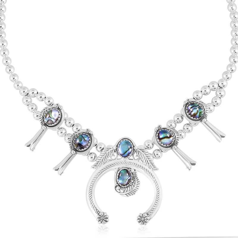 American West Jewelry Sterling Silver Abalone Shell Squash Blossom Necklace