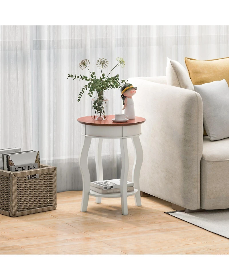 Gymax 2PCS 2-Tier Side Table w/ Storage Wooden Nightstand and Shelf and Solid Rubber Wood Legs
