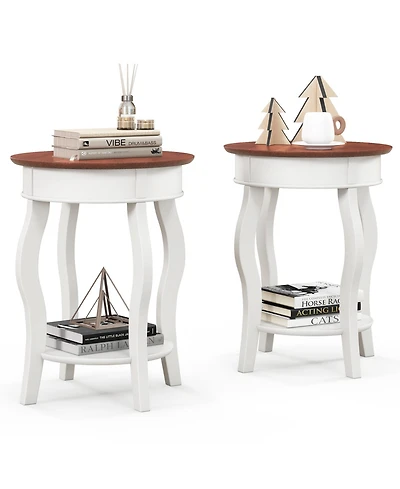 Gymax 2PCS 2-Tier Side Table w/ Storage Wooden Nightstand and Shelf and Solid Rubber Wood Legs