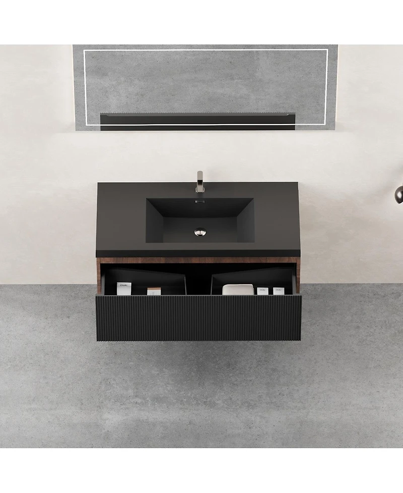Sillysis Wall Mounted Bathroom Vanity, Quartz Sand Matte Sink, Wave Textured Drawer, Pre-Assembled Modern Cabinet