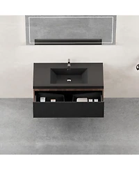 Sillysis Wall Mounted Bathroom Vanity, Quartz Sand Matte Sink, Wave Textured Drawer, Pre-Assembled Modern Cabinet