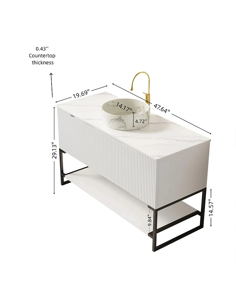 Sillysis 47.6 Inch Freestanding Bathroom Vanity with Ceramic Basin, Sintered Stone Countertop, Soft Close Doors and Open Shelf
