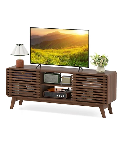 Gymax Tv Stand w/Sliding Doors Adjustable Shelves and Rubber Wood Legs for TVs up to 65''