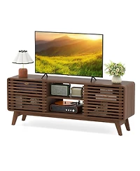 Gymax Tv Stand w/Sliding Doors Adjustable Shelves and Rubber Wood Legs for TVs up to 65''