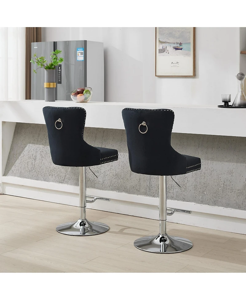 Cilihome Thick Chrome Swivel Velvet Barstools,Adjustable "Height,Modern Upholstered with" Base,Tufted ButtonsandDiamond Pleating ( Set of 2)