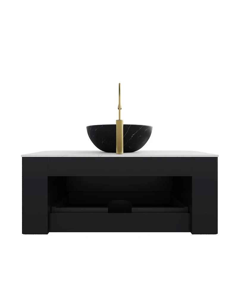 Sillysis Wall Mounted Bathroom Vanity, Carrara Sintered Stone Top , Striped Plywood Cabinet