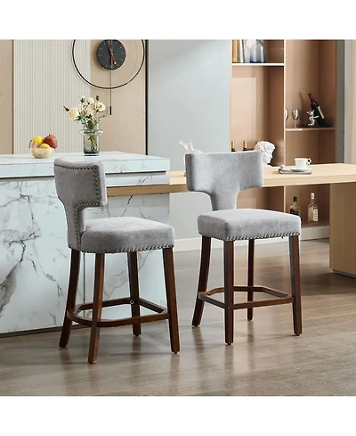 Clihome Mid Century Modern Counter Height Bar Stools Set of 2, Farmhouse Linen Fabric Upholstered Accent Chair Curved Backrest with Copper Nails