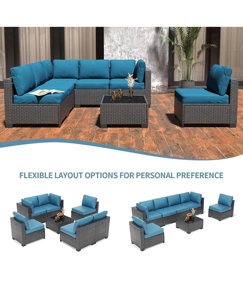 GarveeLife 7 Piece Patio Furniture Set, Outdoor Modular Wicker Sectional Couch with Tempered Glass Coffee Table with Washable Cushions for Backyard