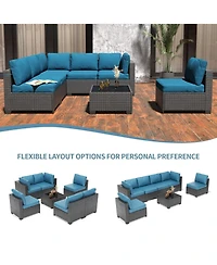 GarveeLife 7 Piece Patio Furniture Set, Outdoor Modular Wicker Sectional Couch with Tempered Glass Coffee Table with Washable Cushions for Backyard