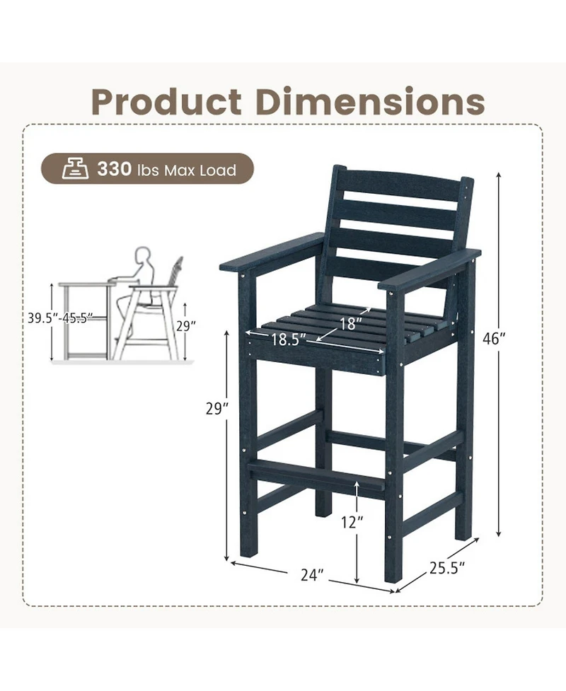 Gouun Set of 2 Outdoor Hdpe Adirondack Bar Chairs with Wide Armrests, 29 in Seat Height