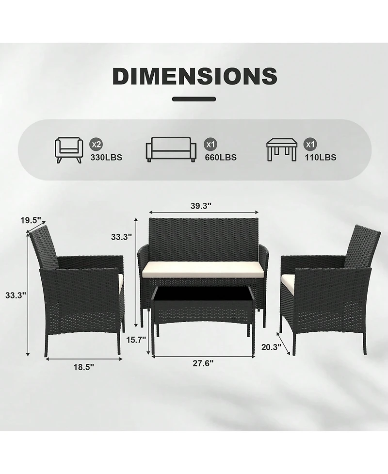 GarveeLife 4 Piece Outdoor Pe Rattan Conversation Set with Cushions and Tempered Glass Table, Loveseat plus 2 Chairs