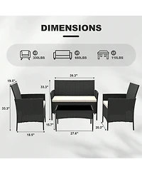 GarveeLife 4 Piece Outdoor Pe Rattan Conversation Set with Cushions and Tempered Glass Table, Loveseat plus 2 Chairs
