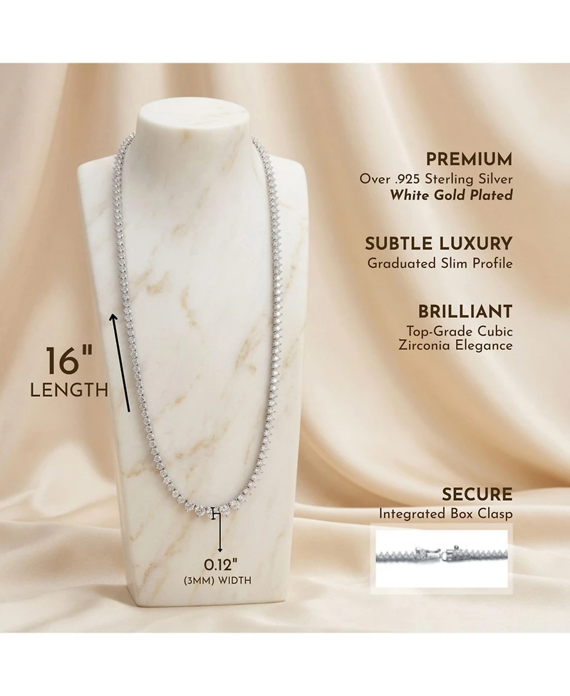Sterling Silver White Gold Plated and Clear Cubic Zirconia Tennis Necklace