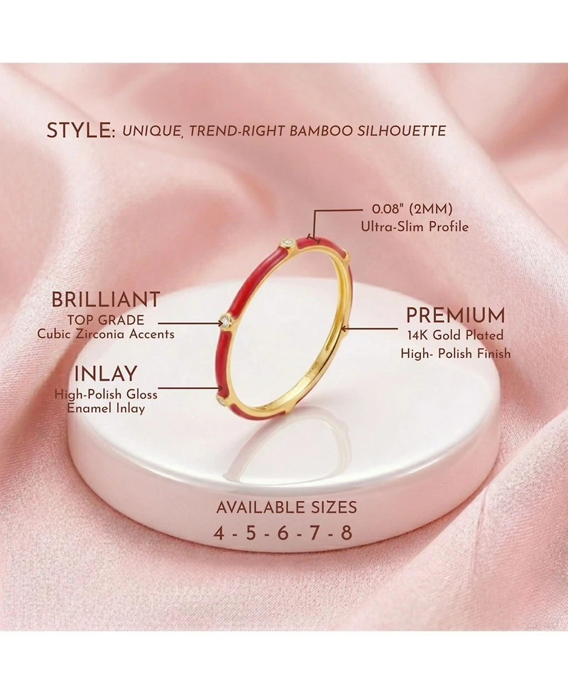 14k Gold Plated with Cubic Zirconia Enamel Bamboo Teens/Young Adult Stacking Ring