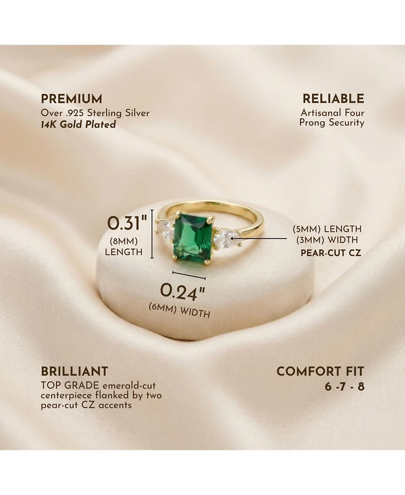 Sterling Silver 14k Yellow Gold Plated with Green & Cubic Zirconia 3-Stone Statement Ring
