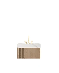 Sillysis Wall Mounted Bathroom Vanity, Carrara Sintered Stone Top, 3-Hole Ceramic Sink, Soft Close Cabinet