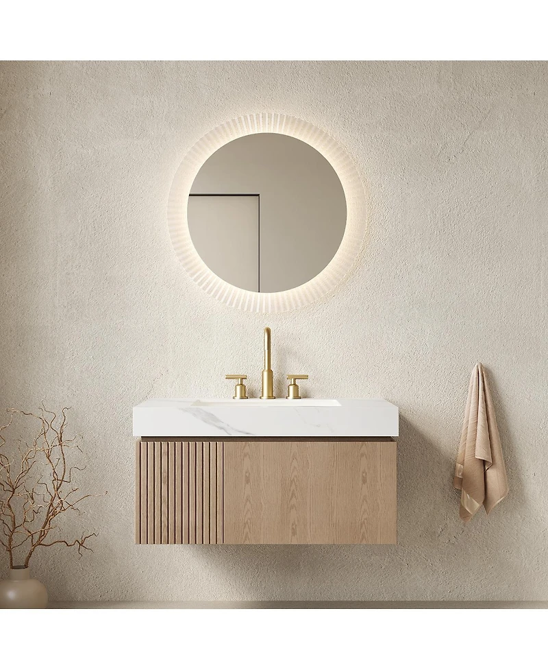 Sillysis Wall Mounted Bathroom Vanity, Carrara Sintered Stone Top, 3-Hole Ceramic Sink, Soft Close Cabinet