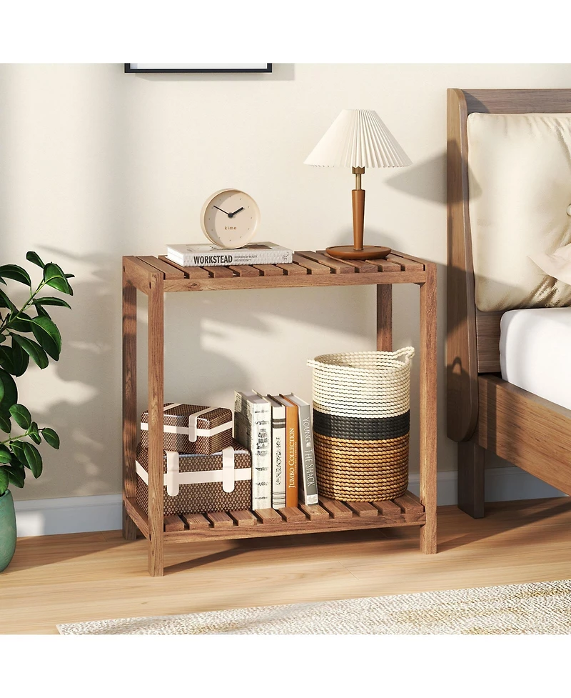 Gymax 2-Tier Side Table Teak Wood Stand Utility Storage Shelf Organizer Entryway Bench