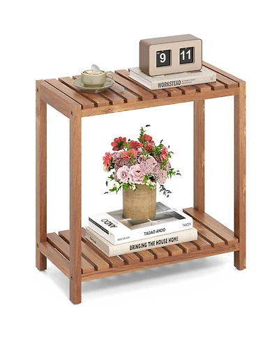 Gymax 2-Tier Side Table Teak Wood Stand Utility Storage Shelf Organizer Entryway Bench